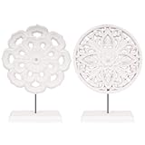 AXEARTE 2 Pack Wooden Carved Cutout Flower Medallion Sculpture&comma; Rustic Distressed White MDF Statues Home Tabletop Decor&comma; Decorative Ornaments for Living Room&comma; Bedroom&comma; Office Desktop&comma; Cabinets
