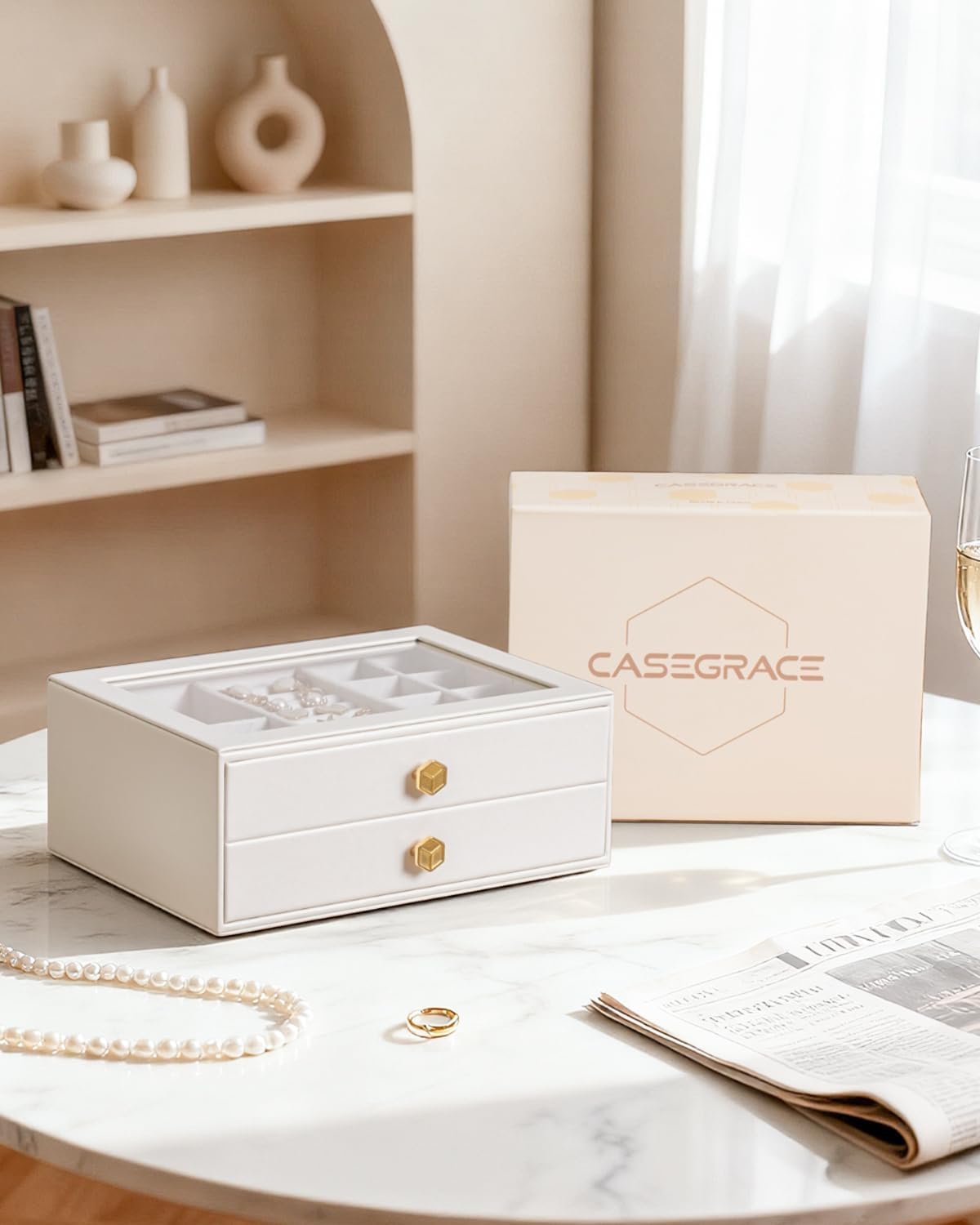 CASEGRACE Jewelry Box for Women with Glass Lid - Leather Jewelry Storage Organizer 2 Drawers for Necklaces, Rings, Earrings & Bracelets, Ideal Gift (White, 2 Layer)