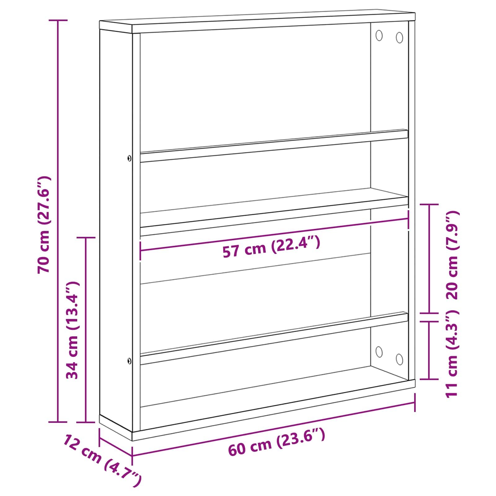 Générique Czarny dębowy stojak na czasopisma ścienny 60 x 12 x 70 cm, regulowany regał na czasopisma, nowoczesny organizer do salonu lub biura, minimalistyczny design z drewna inżynierskiego