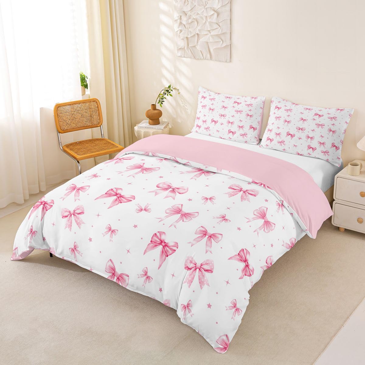 Homewish Rosa fiocco Super King Copripiumino carino fiocchi Set di biancheria da letto a quadretti fiocco trapunta bowknot stelle coquette Bed Sets