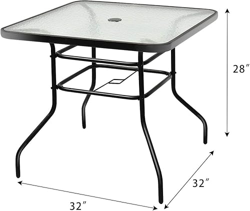 Miniatura 3 de Tangkula Mesa de comedor para exteriores con agujero para sombrilla de 2 pulgadas, mesa cuadrada de vidrio templado de 32 pulgadas, para balcón,