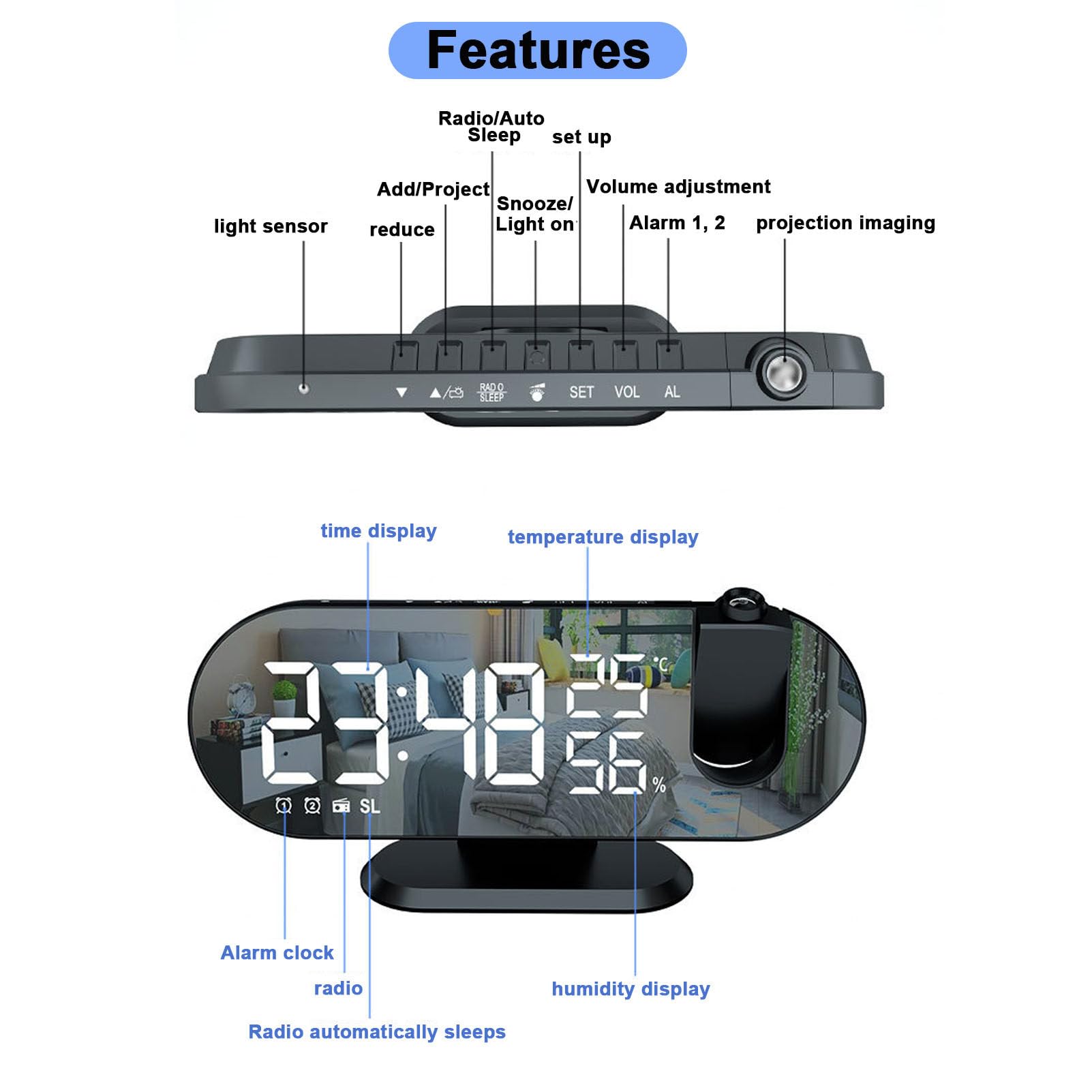 Reloj despertador de proyección con radio FM, reloj digital con puerto de carga USB, función de repetición, pantalla LED de espejo, brillo ajustable para dormitorios