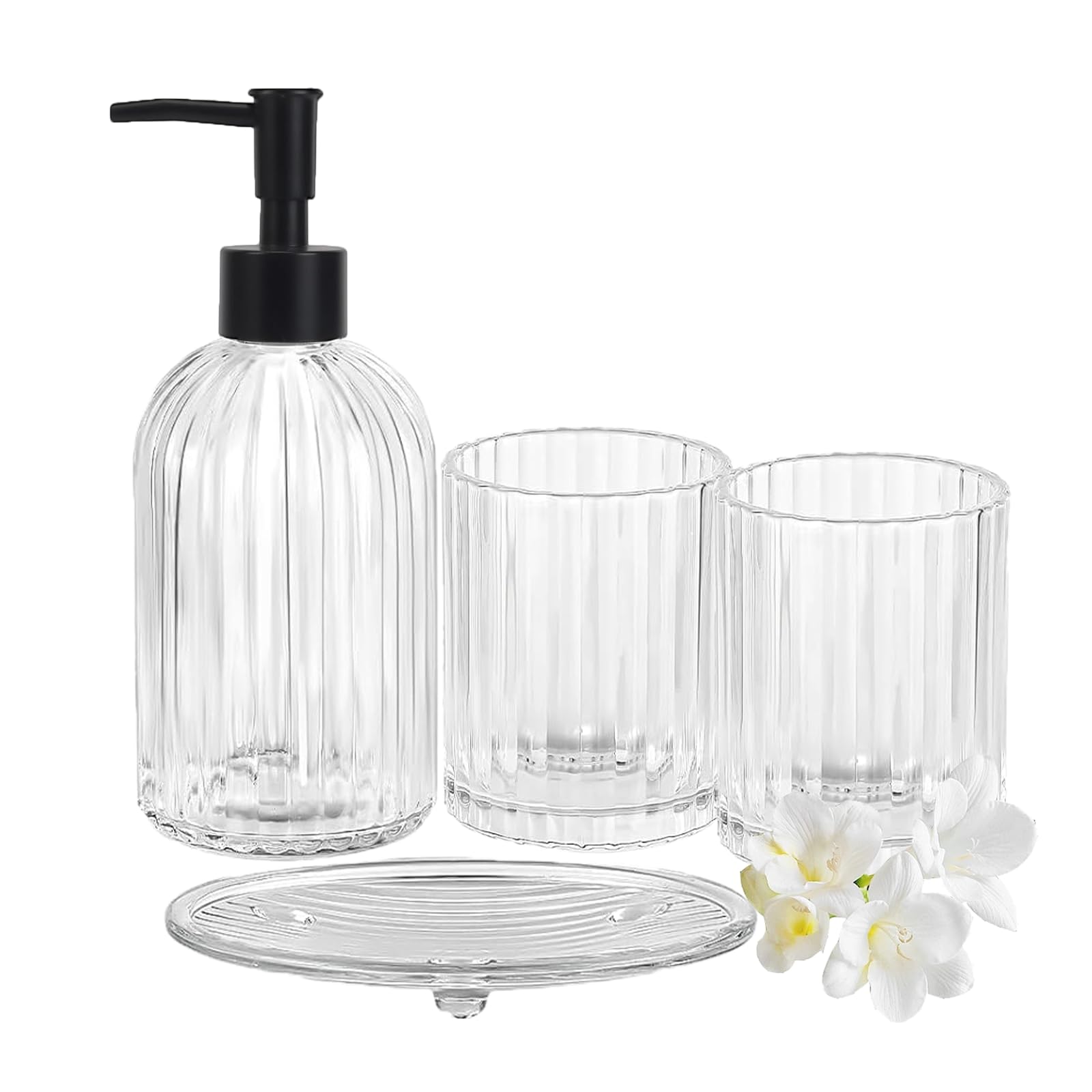 Transparent Bathroom Accessory Set, Complete Set Made of Clear Glass, Consisting of Soap Dispenser, Toothbrush Holder, Mouthwash Cup and Soap Dish for Organizing the Bathroom Cabinet