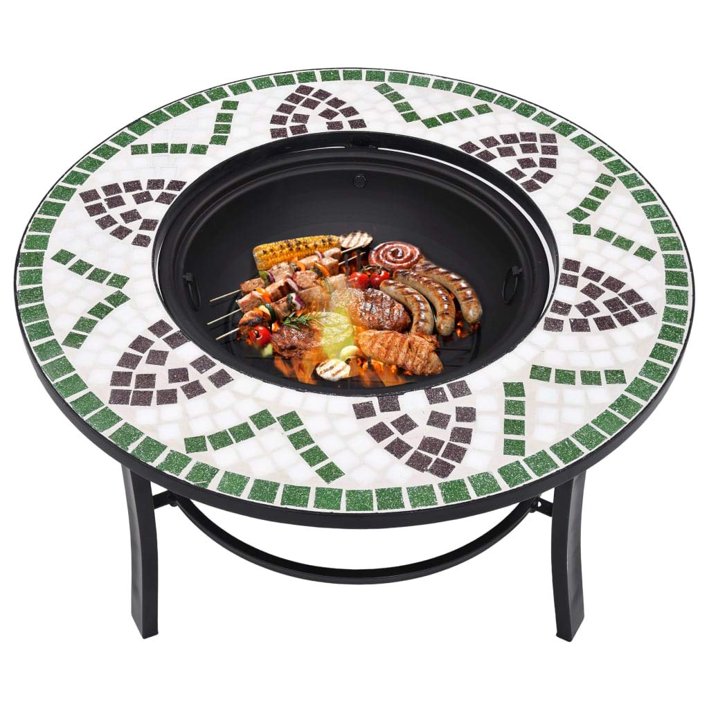 Braciere a mosaico in ceramica verde, 68 cm, in acciaio, per giardino, terrazza, con ripiano per legna, legna da ardere, barbecue e calore accogliente all'aperto