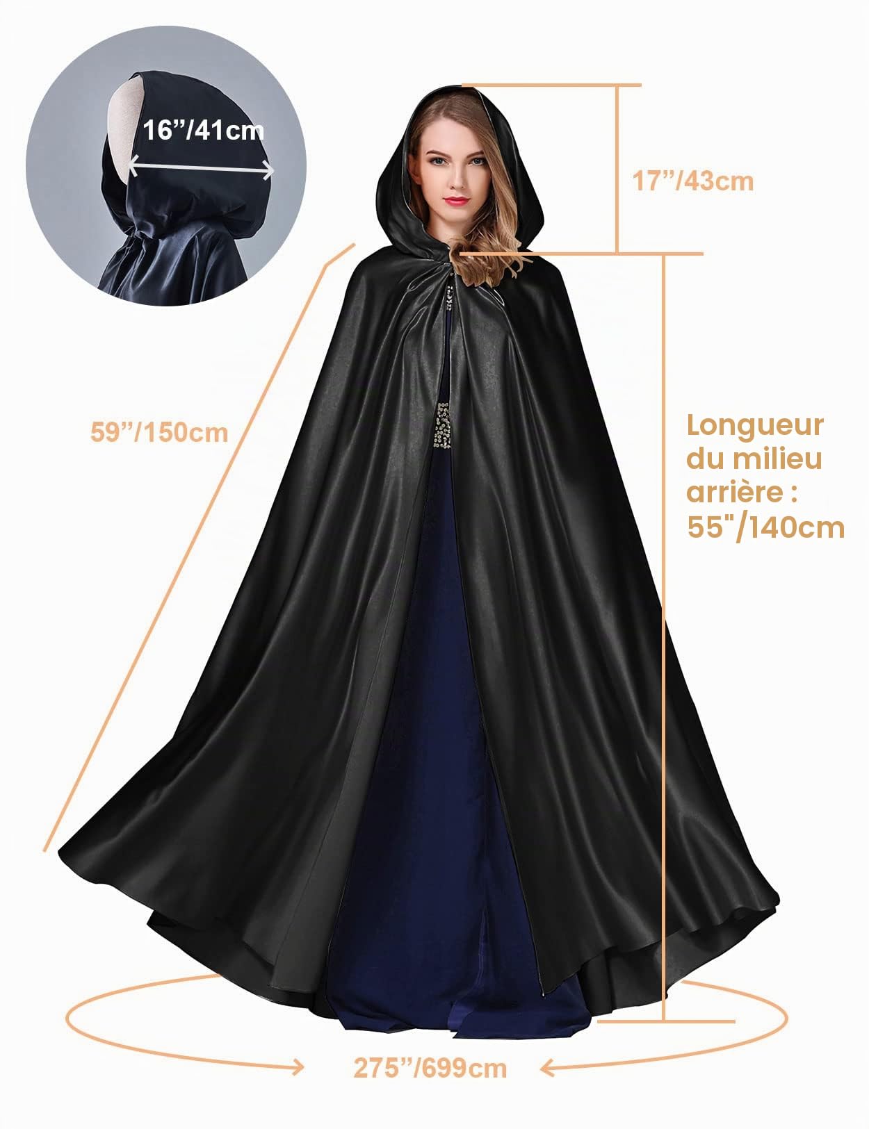 BEAUTELICATE Cape à Capuche Longue pour Femme Mariée Mariage Poncho en Satin De Automne Hiver Manteau Médiéval Unisexe Déguisement De Halloween Noël Carnaval
