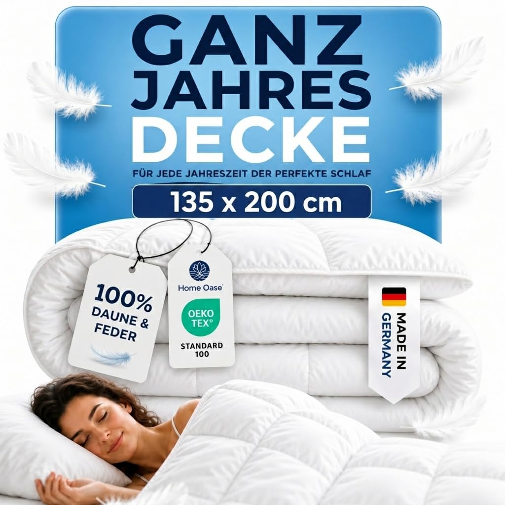 Daunendecke 135x200 | 100% Daunen% Federn - Ganzjahresdecke 135x200 | Feuchtigkeitsregulierend, ohne störende Federkiele und ideal für Allergiker | Daunenbettdecke | Made in Germany