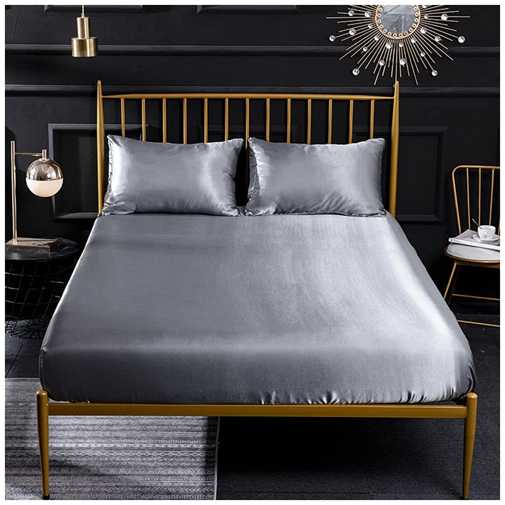 Fitted Sheet - Deep Pocket 35CM Satin Silk Bed Sheet,Breathable Soft Smooth and Comfortable - Wrinkle, Fade and Abrasion Resistant,Silver Grey,King