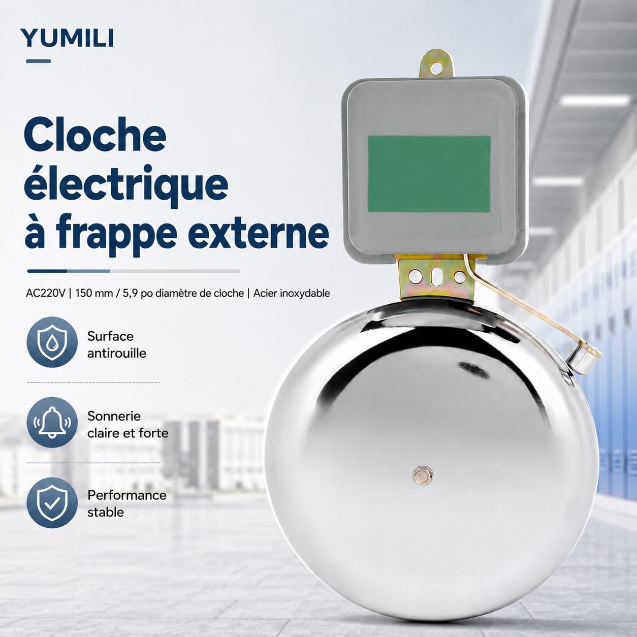 Cloche Électrique, 150mm AC 220V Cloche d'École en Acier Inoxydable Externe, Sans Étincelles Sonnette pour Fixation Murale pour Cloche Service pour les Hôtels, les Écoles, Usine
