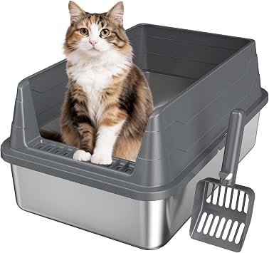 Stainless Steel Cat Litter Box Low Entry Litter Pan Include Scoop