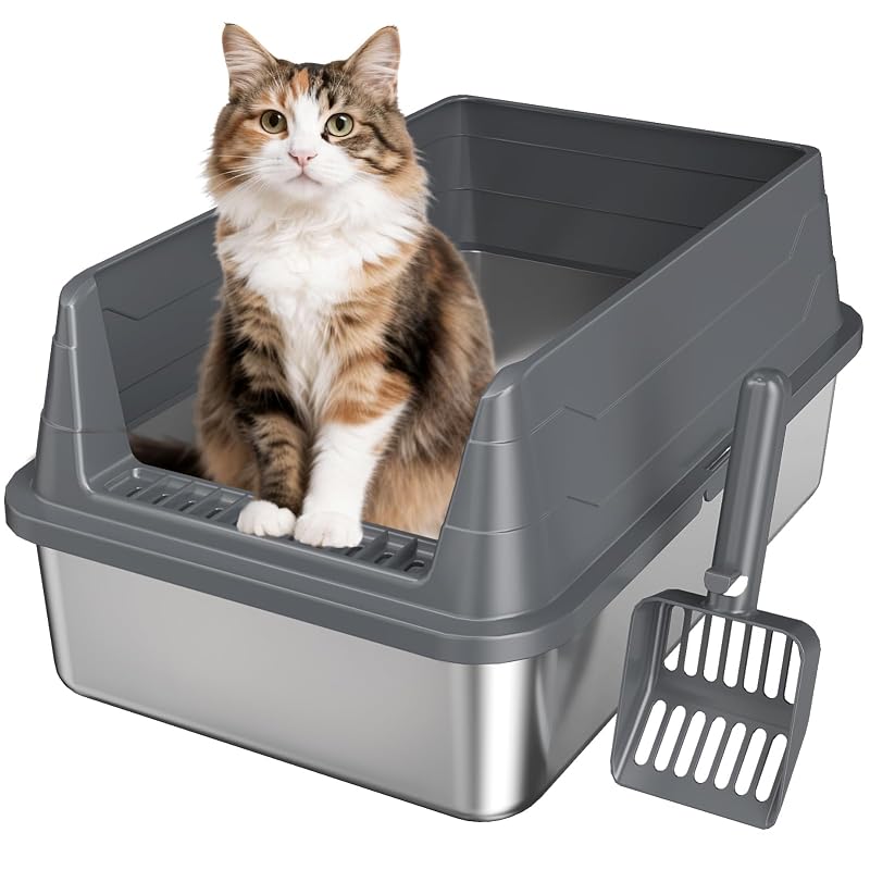 Caixa de Areia para Gatos em Aço Inoxidável com Entrada Baixa e Pá KISENG Dark Grey M
