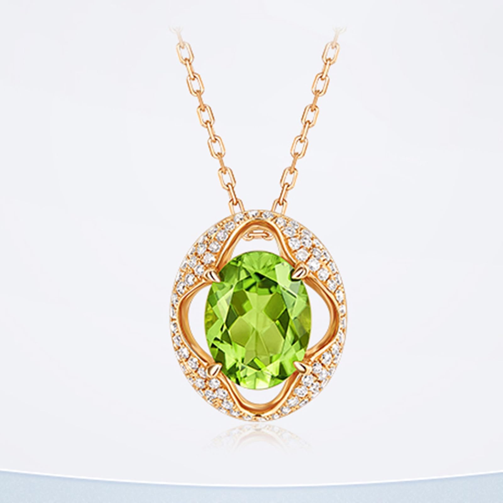 Collares para mujer a la moda, colgante de flor hueca de oro amarillo con peridoto ovalado de 1,7 quilates y diamante