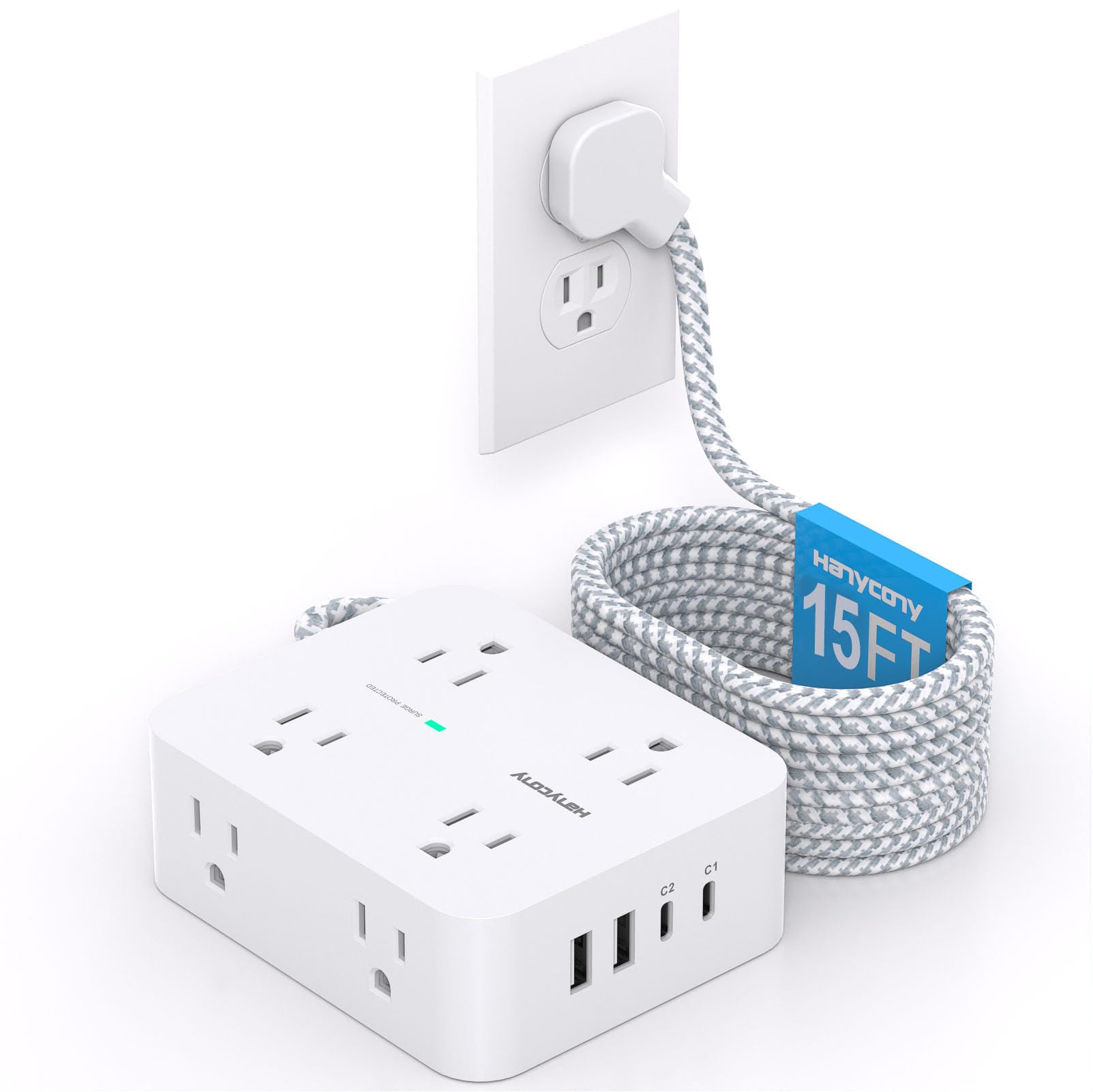 PD 30W USB C Power Strip 15Ft, HANYCONY 8 Outlets Surge Protector 4 USB (2 USB C Ports), 1080J Desk Charging Station for Multiple Devices, Flat Plug Extension Cord for College Dorm Room Essentials