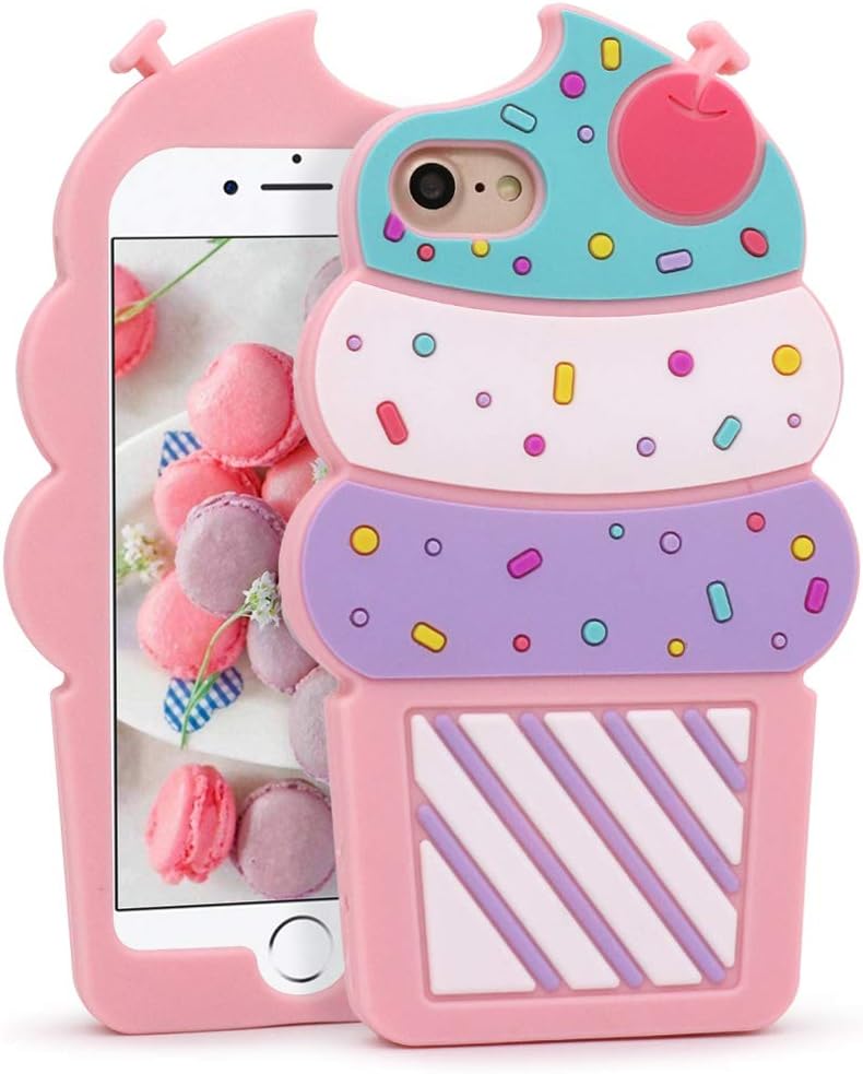 Cute iPhone SE 2020 / SE 2022 Case, Ice Cream iPhone 6 /6s /7/8 case, Cherry Cupcakes 3D Cartoon Soft Silicone Shockproof Case Cover