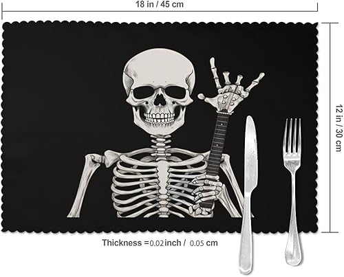 Miniatura 2 de Rock and Roll - Juego de 6 manteles individuales hippie, diseño de calavera de esqueleto, lavables, 12 x 18 pulgadas, para decoración de mesa de