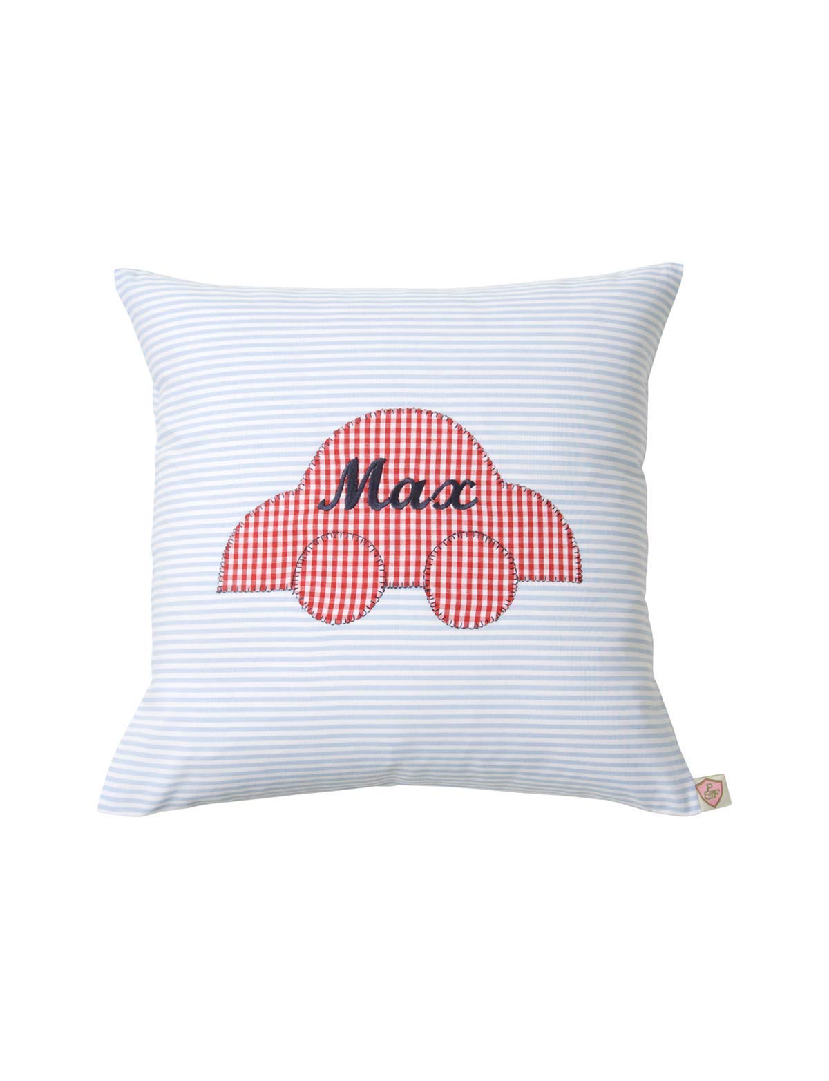 Kissen personalisiert VICHY hellblau mit Auto von paula & ferdinand - Kissen mit Name - Geschenk zur Geburt und Taufe
