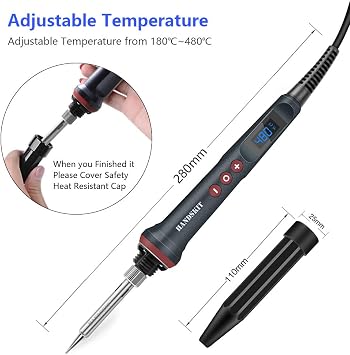 Electronics Soldering Iron Kit, [Upgraded] Soldering Iron 110V 90W LCD Digital Portable Soldering Kit 180-480C(356-896F), Welding Tool with ON/OFF Switch, Auto-sleep, Thermostatic Design | 6 900M Soldering Tips: 1 Pre-Installed, 5 Additional, Solder Wire, Soldering Iron Stand with Sponge, Tip Cap, PCB Repair, DIY