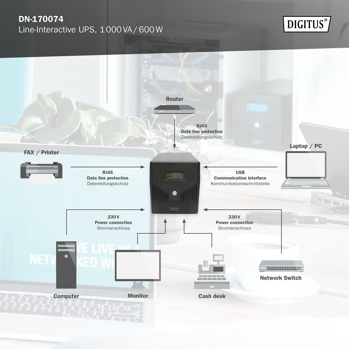 DIGITUS Alimentation sans interruption - Système d'onduleur Line-Interactive - 1000VA 600W - AVR - 4 prises de terre - Avec logiciel UPS - Connexions USB, RS232, RJ45