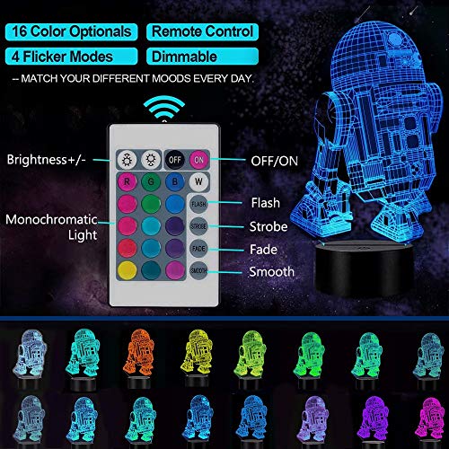 SCRENDY 3D LED Star Wars-nachtlampje, 3D-illusielamp met drie patronen en 16 kleurwisselende decorlamp met… - Afbeelding 3