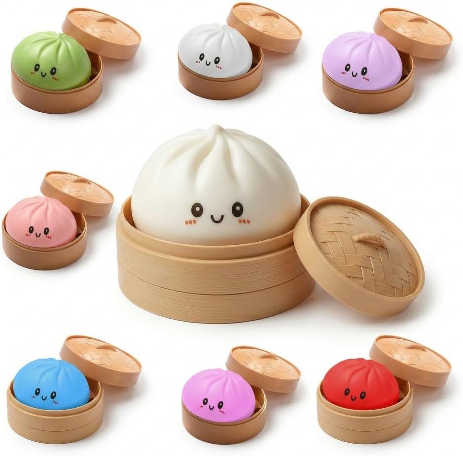 Kawaii Squishy Dumpling Fidget Toy with Mini Steamer Basket, Cute Bao Bun Squeeze Stress Ball for Adults & Kids, Soft Slow Rising Food Sensory Gadgets for ADHD Anxiety Relief, Office Desk Accessories