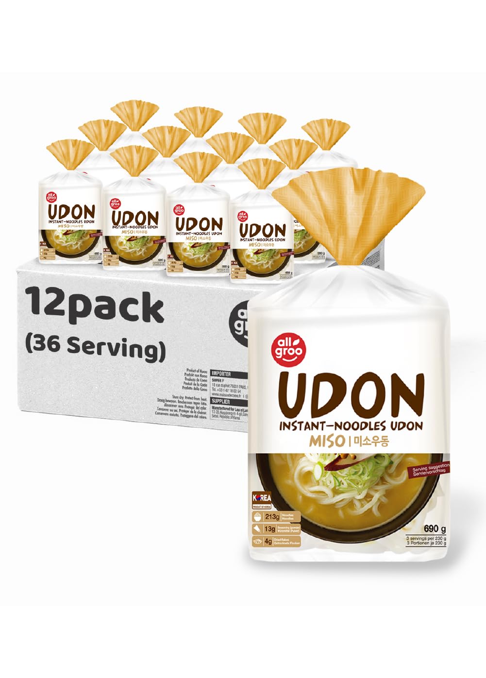 [Korean Street] Allgroo_ Fideos Instantáneos Udon Pasta Coreanos (Pasta de Soja, 12 PACK) - Sopa de fideos gruesos coreanos rápida y fácil, rica y deliciosa, y fideos no fritos