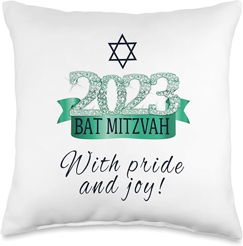 2023 Bat Mitzvah Gifts & Decorations For Girls 2023 Bat Mitzvah with Pride & Joy I Festive - Almohada decorativa turquesa, 16 x 16 pulgadas,