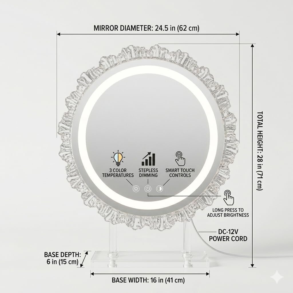 16" Hollywood Round Vanity Mirror with Lights, 3-Color LED Light Modes, Dimmable Makeup Mirror with Smart Tap Panel, 360° Rotating Lighted Mirror for Dressing Table