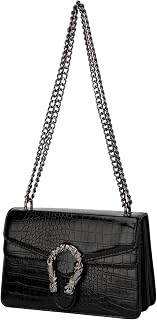 Women's Fashion Chain Purse Crossbody Shoulder Bags -Classic Stone Crocodile Pattern Leather Square Flap Handbag (Black)