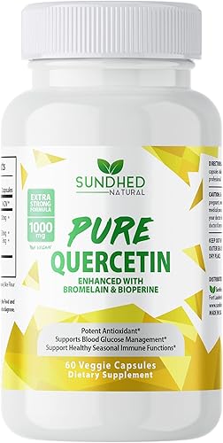 Quercetina pura con bromelina y bioperina - Soporte antioxidante, fórmula extra fuerte con 1000 mg, suministro de 1 mes