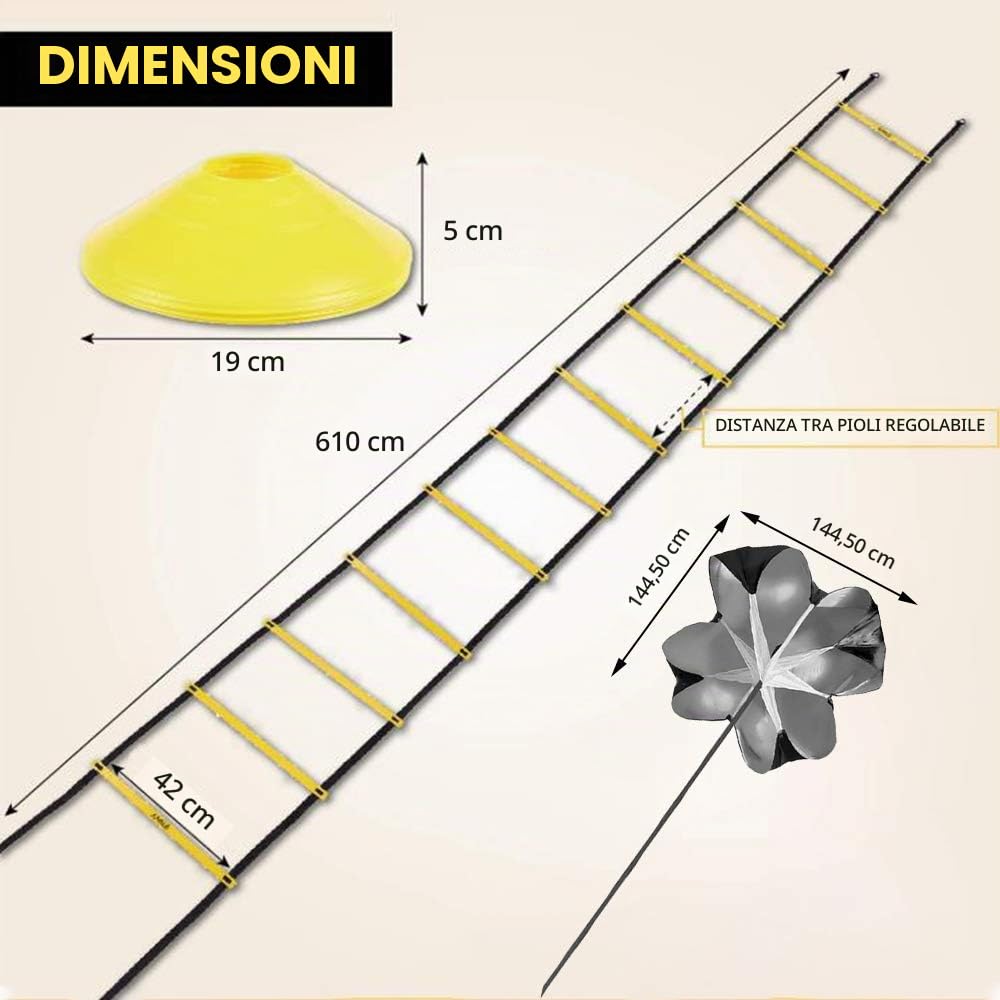 Set allenamento Speed ​​​​& Agility, accessori per allenamento calcio con 1 paracadute di resistenza, scala di coordinazione, 5 ostacoli regolabili, 24 coni a disco, dispositivo di allenamento