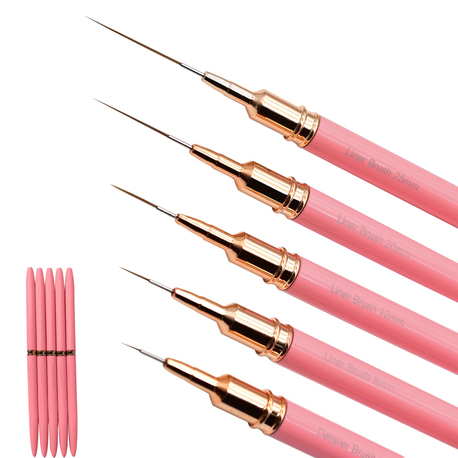 5Pcs Metallic Nail Art Liner Brush Set, UV Gel Polish Painting Tools for Long Lines, Thin Details, Fine Drawing, Sizes 4/8/12/20/25mm (Pink)