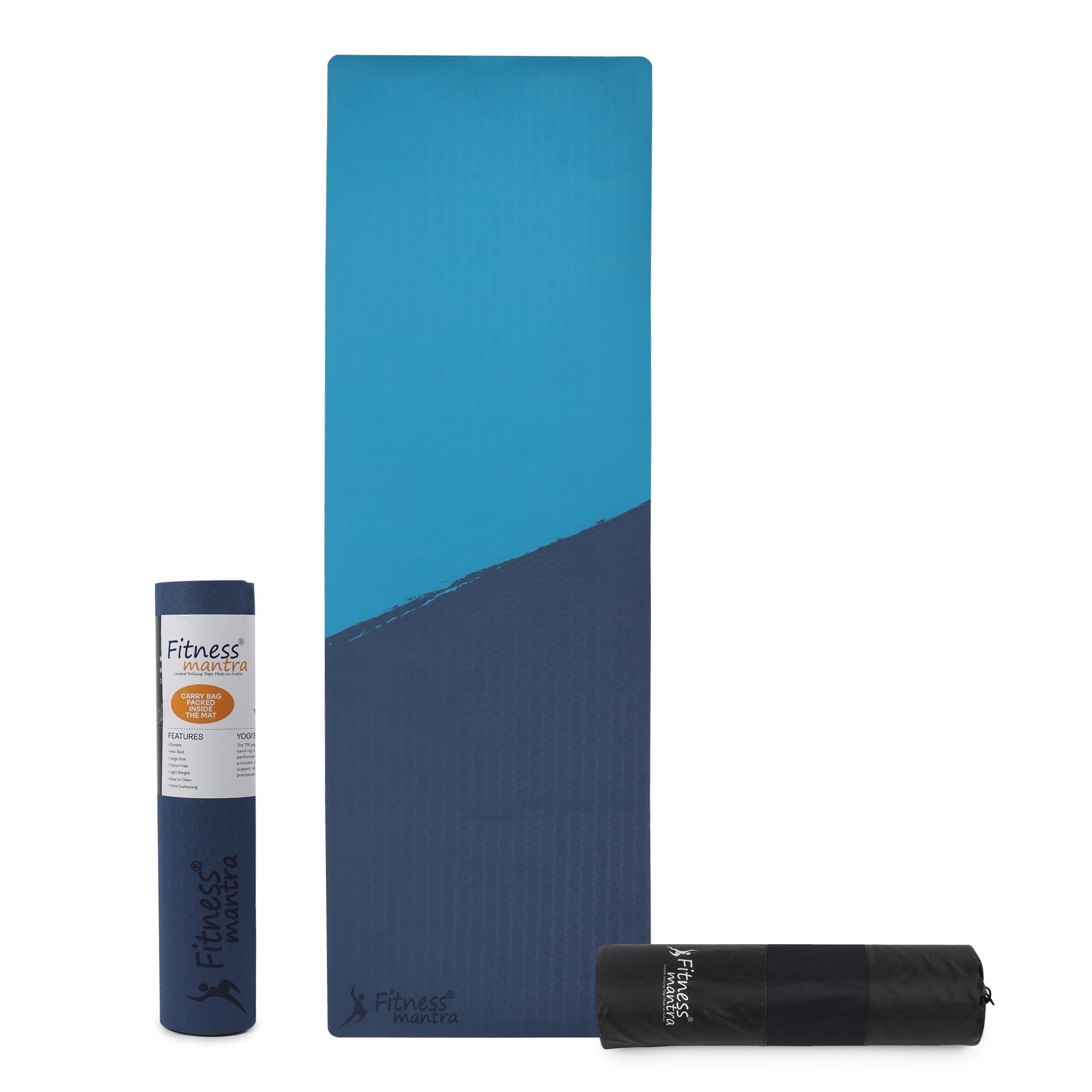 Fitness Mantra® TPE 8mm Cross Color Anti-Slip Yoga Mat with Cover Bag for Gym Workout and Yoga Exercise for Men & Women Fitness| 1 Piece| With Cover Bag| Thickness 8mm| Navy + Teal|
