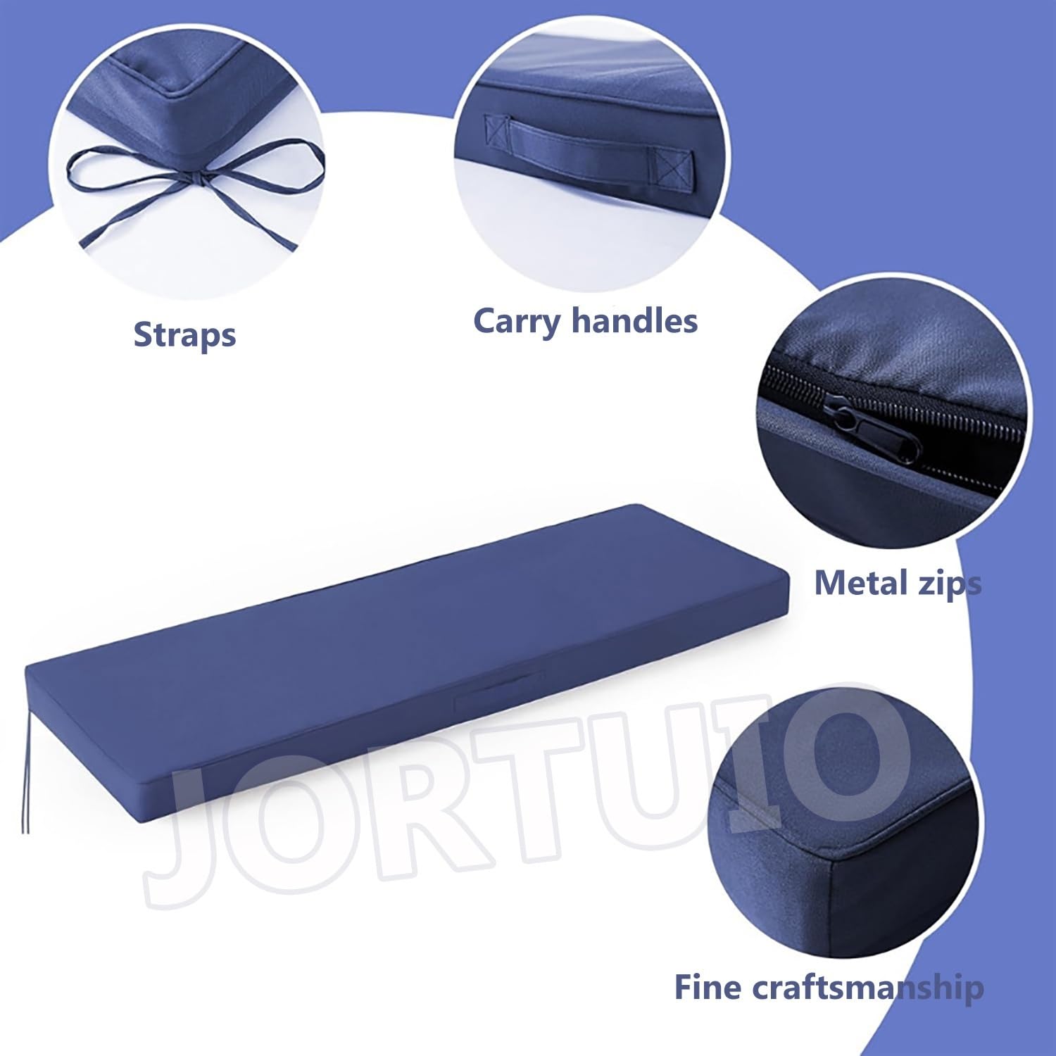 Impermeabile Cuscino per Panca da Esterno e Interno, Imbottitura Alta Densità, Antiscivolo con Cinghie, Cuscino Panca Comfort per Giardino, Terrazza, Balcone e Casa(Blu navy,180x80x5cm)