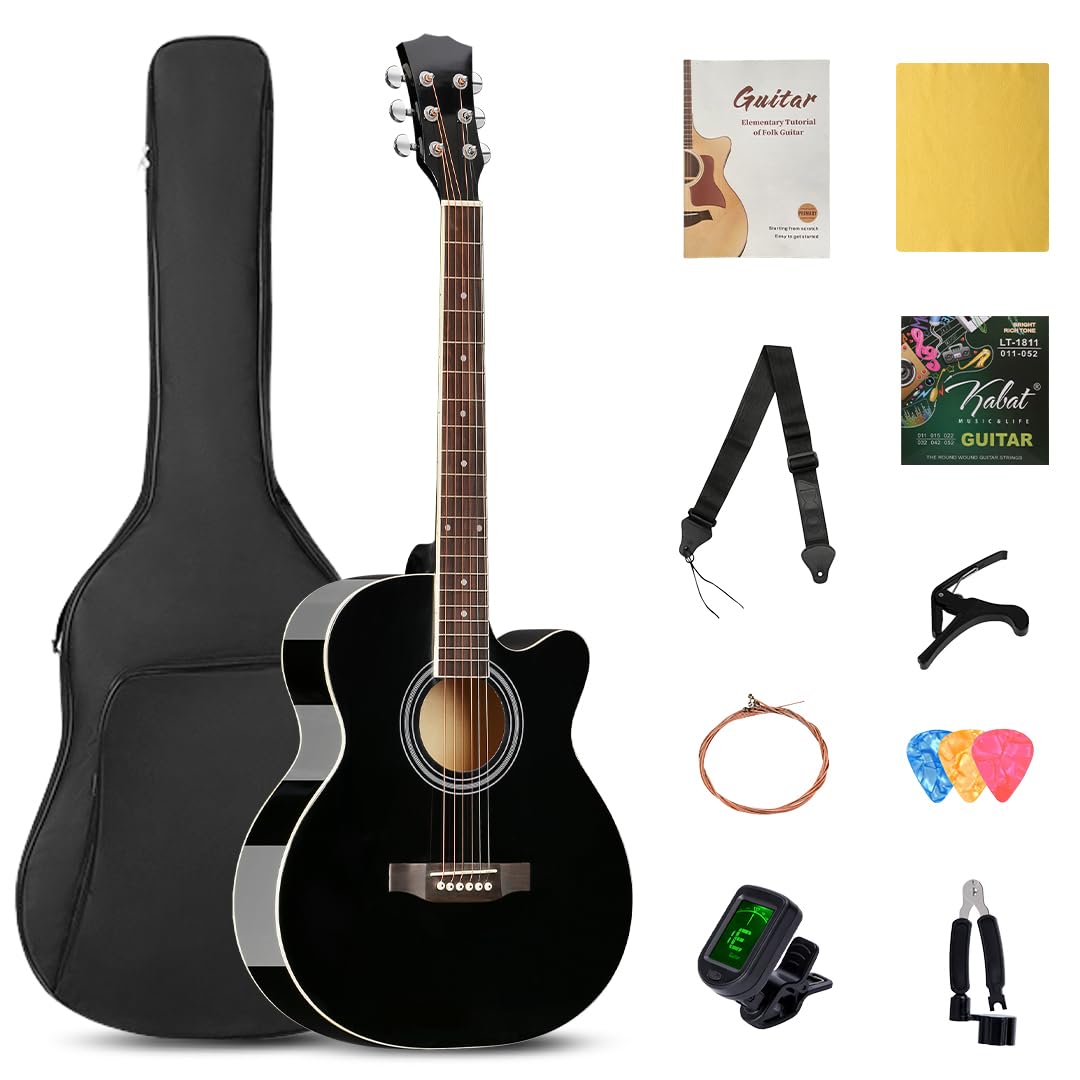 SHINEDOWN Acoustic Guitar for Beginner Adult 40” Full Size Cutaway Bundle Kit with Free Bag/Tuner/Capo/A Pack of Strings/Strap/3 Strings/Cloth/Picks/String Cutter/Tutorial, Right Hand (Black)