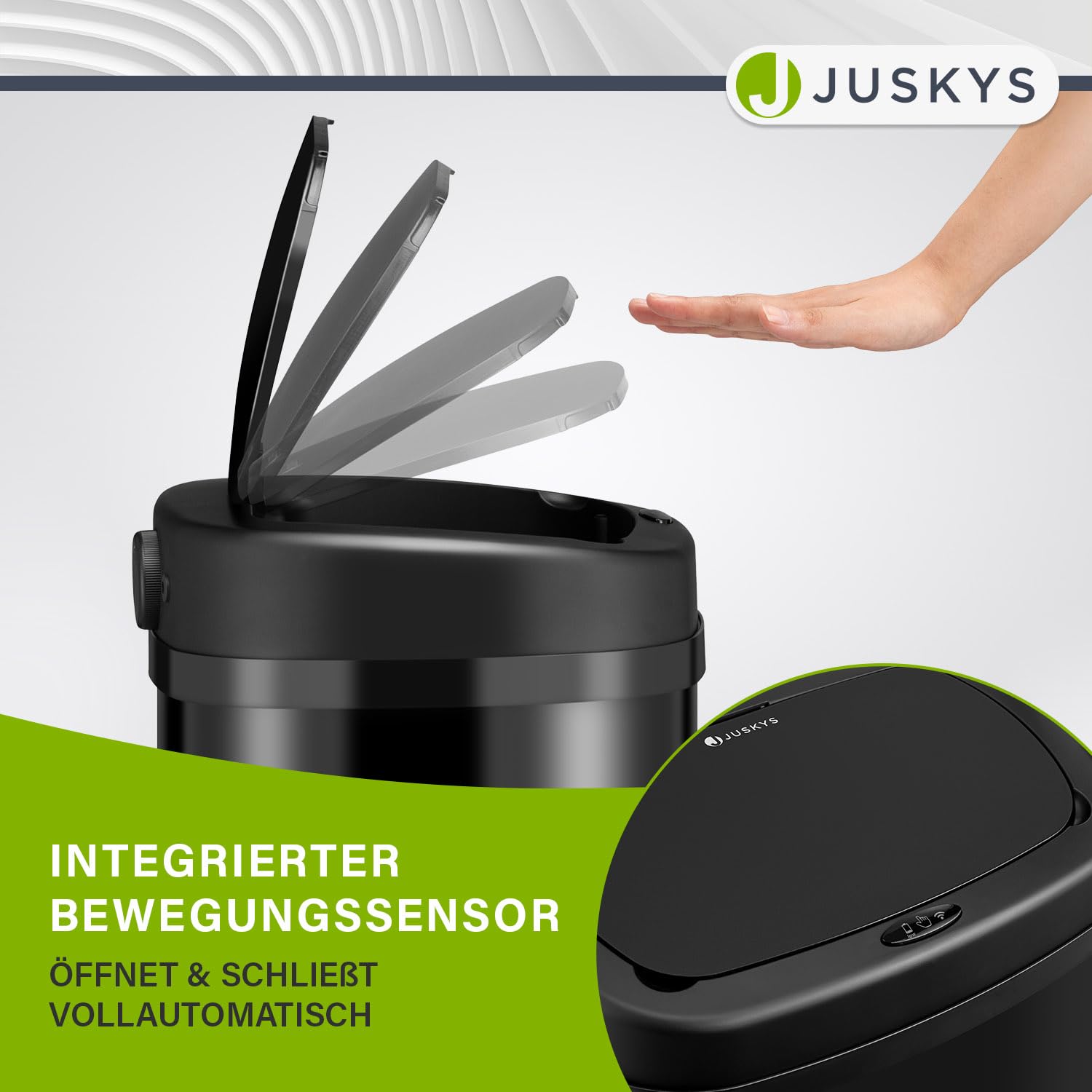 Juskys Mülleimer Küche mit Bewegungssensor Schwarz 70L - Eckiger Abfalleimer mit Klemmring für Müllbeutel - Rostfreier Stahl - Kontaktloses Entsorgen