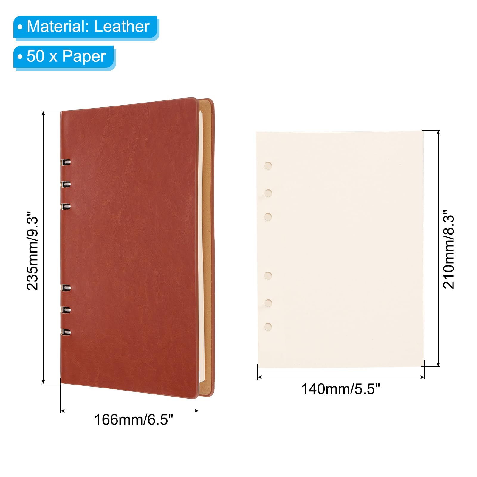 PATIKIL 6 Ring Binder Cover, 2 Pack A5 Leather Notebook Binder Mini Refillable Loose Leaf Personal Planner with 160 Sheets Paper, Brown - Image 2
