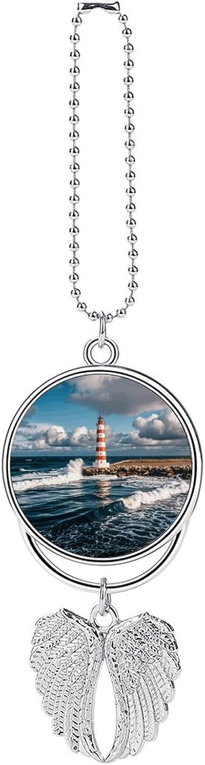 Lighthouse Waves White Clouds Guardian Angel Car Charm for Rear View Mirror