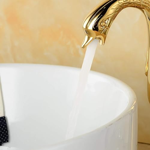 Miniatura 6 de BWE Grifo de cisne de un solo agujero, dorado, a juego, desagüe desplegable sin tapón de desbordamiento y línea de suministro, grifo de lavabo de