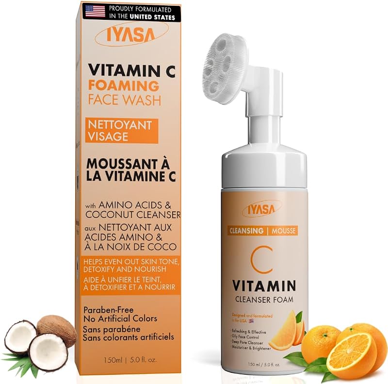 IYASA Limpador facial em espuma com aminoácidos, vitamina C e escova de silicone – 142 g