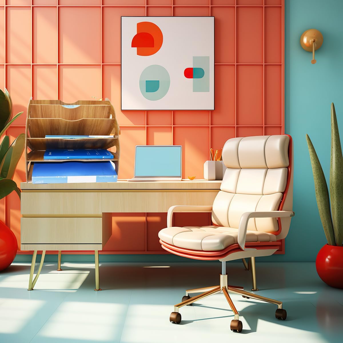 Fan Shaped Desk File Organizer File Holder 5 Compartments Storage Desk Organizer File Sorter Document for School Office Home, Wood, 13.4x11x11inch (Brown)