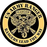 Parche Redondo US Army Ranger amarillo y negro, de 7,6 cm de Diámetro, Poliéster, Diseño Sublimado, Borde Bordado de hilo Negro, con tela de gancho trasera