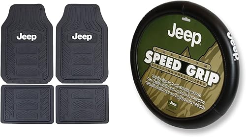Plasticolor 001668R01 - Juego de 4 alfombrillas para Jeep Weatherpro 001668R01 color negro y funda para volante de automóvil camión SUV color negro