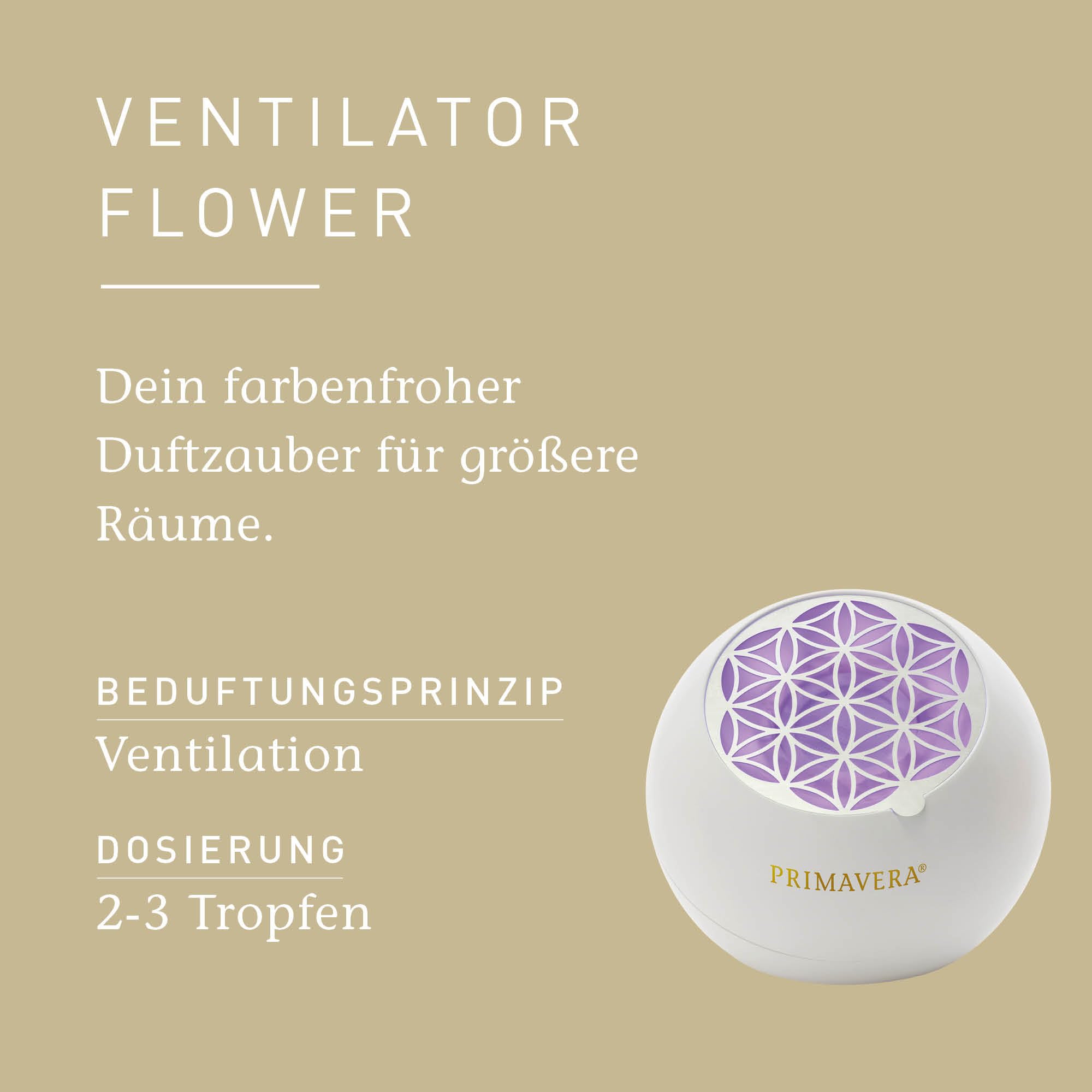 PRIMAVERA Aroma Ventilator Flower – farbenfroher Duftzauber für größere Räume – elektrische Duftlampe, Aromadiffuser, Raumduft – 3 Ventilationsstufen – Aromatherapie