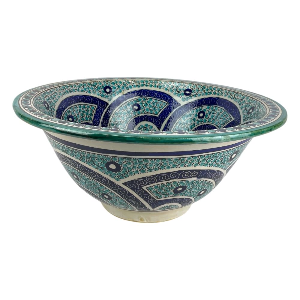 Lavabo Marocchino in Ceramica, Dipinto a Mano, Fes, 50 cm, Blu e Turchese, Motivo Tradizionale