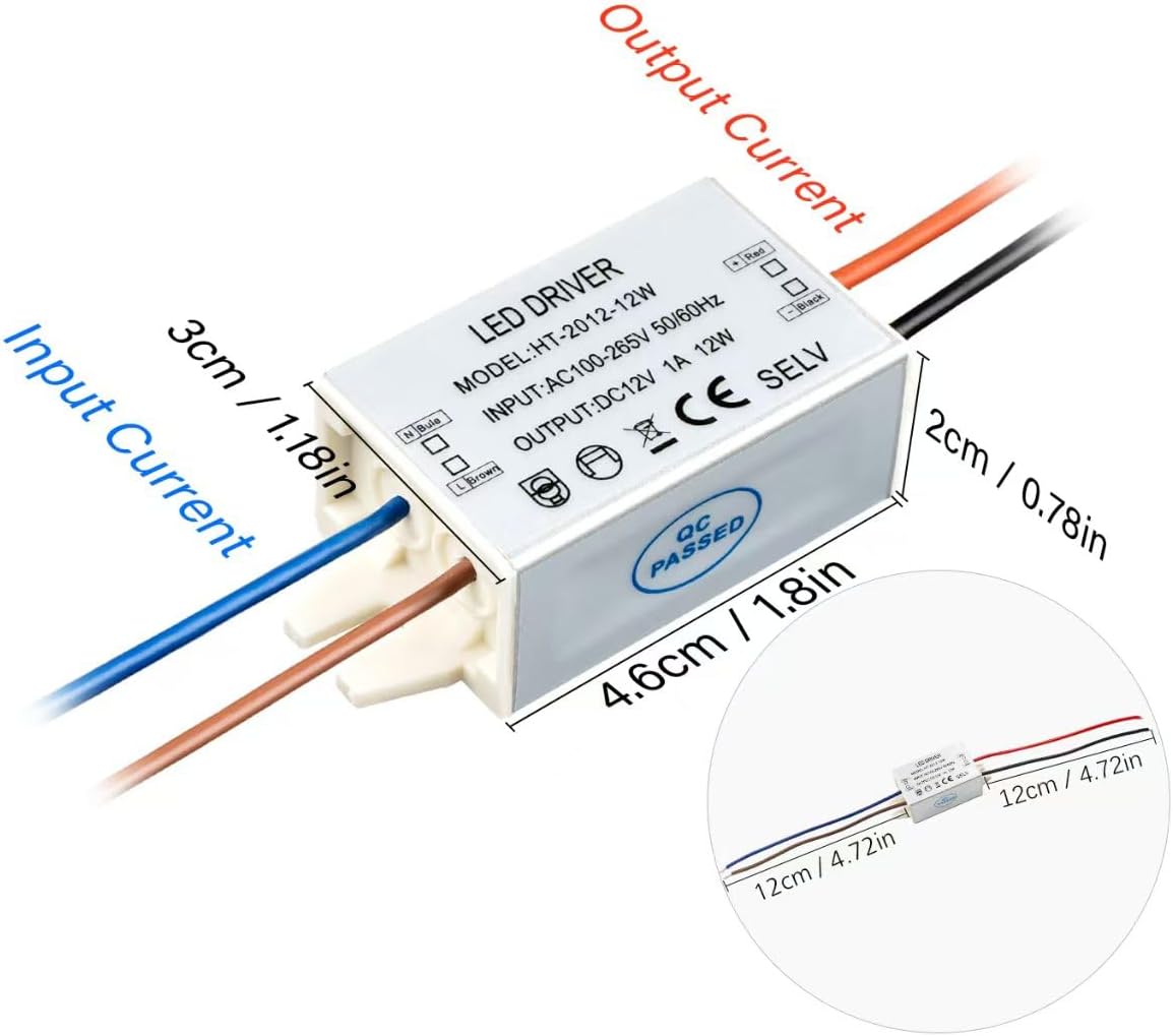 12V Power Supply 12W LED Driver Waterproof IP67,100V-265V AC to 12V DC Suitable for Various Low-Voltage Lamps Such as Strip Lights and line Lights, Small Size, Easy to Connect (2-Pack)