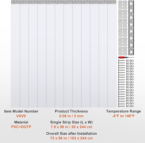 Miniatura 7 de VEVOR Cortina de tiras, 96 pulgadas de alto x 72 pulgadas de ancho, 0.08 pulgadas de grosor, 12 cortinas de puerta de PVC transparente, cortina para