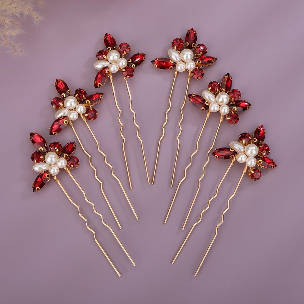 6pcs Red Rhinestones Hair Pins Set for Women Girls Wedding Bridal Hair Styling Jewelry Handmade Hair Piece (Pearl Red)