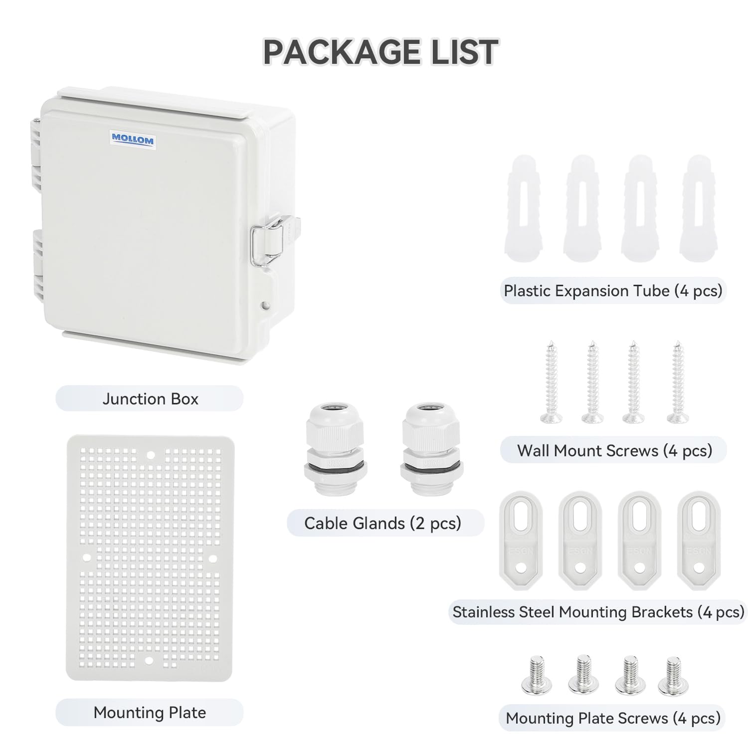 Mollom Outdoor Junction Box for Electrical Project Waterproof IP67 with Hinged Grey Cover, Stainless Steel Latch, Mounting Plate, and Wall Brackets(135x135x75mm | 5.3x5.3x3In)