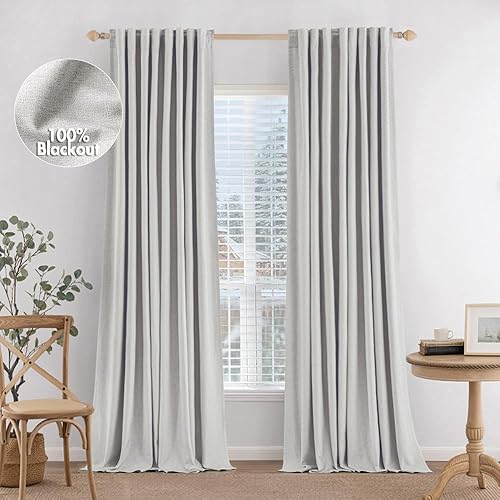 MIULEE 100% Blackout Curtains 90 inches Long Linen Curtains & Drapes for Bedroom Living Room Darkening Full Black Out Window Curtain Panels Rod Pocket & Back Tab,Beige,2 Panels