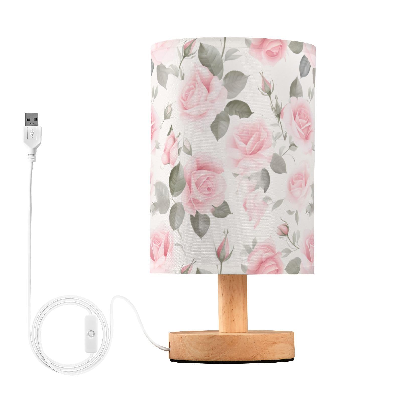Mnsruu Bedside Table Lamp Pink Rose Floral Roses Bedside Lamps LED Light Desk Lamp Fabric Shade Small Lamp for Bedroom Living Room (Bulb Included)