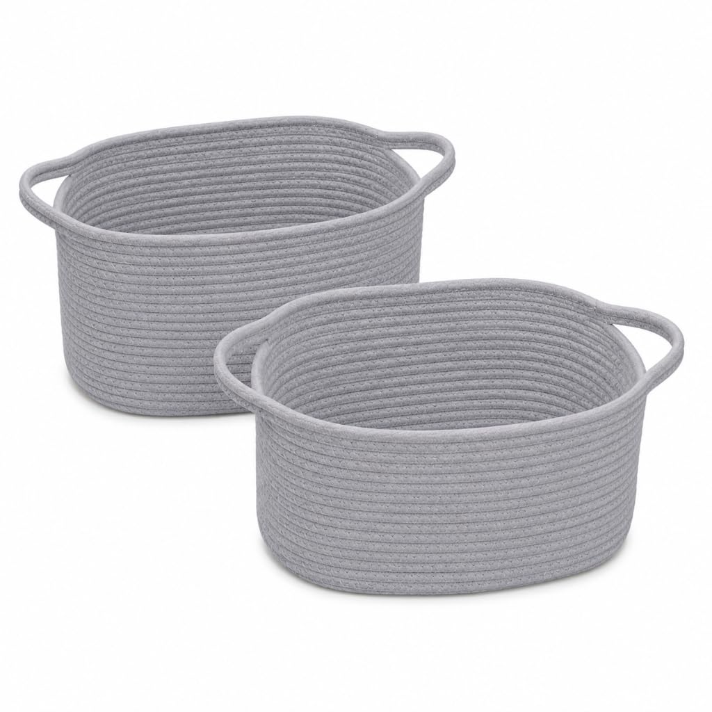 Woodluv Woven Storage Basket of 2, Cotton Rope Basket for Shelves, Baskets Storage for Toys, Books, Shoes, Home Bathroom Décor, 33x23x20cm, Grey — image 1